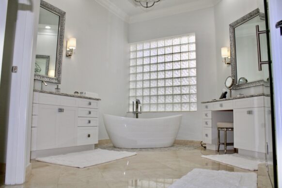 All White Diamond Bathroom Cabinets and White Countertop