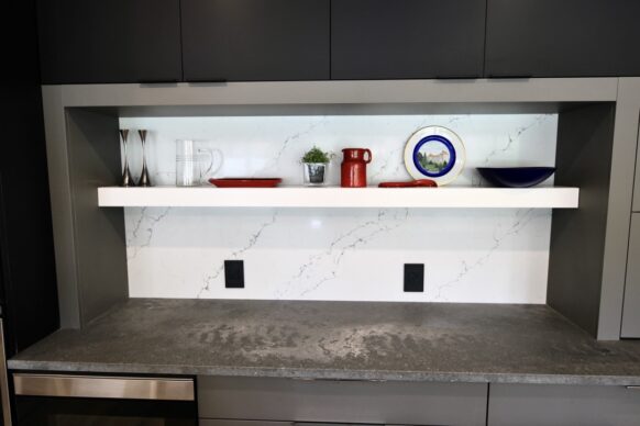 Ultra Modern Two Toned Kitchen Shelves and Quartz Countertops